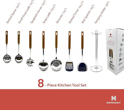Cooking Utensils Set, 8-Piece 304 Stainless Steel Kitchen Tool Sets with Holder, Wooden Handle Heat Resistant Kitchen Cookware Set, Gadgets Tools Set Gift