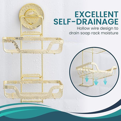 TAILI Double Layer Soap Holder, Bar Soap Dish Suction Cup for Shower Wall, Draining Saver Tray for Bathroom, Rustproof Stainless Steel Sponge Holder for Tub, Kitchen, Drill-Free, Gold
