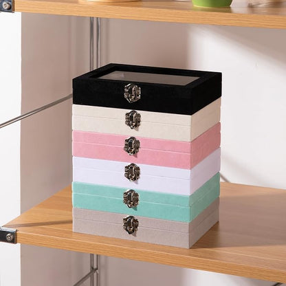 Frebeauty 24 Grid Jewelry Tray,Velvet Stud Earring Organizer,Small Jewelry Organizer with Clear Lid,Lockable Earring Holder Organizer Jewelry Boxes & Organizer Ring Holder for Women & Girls(White)