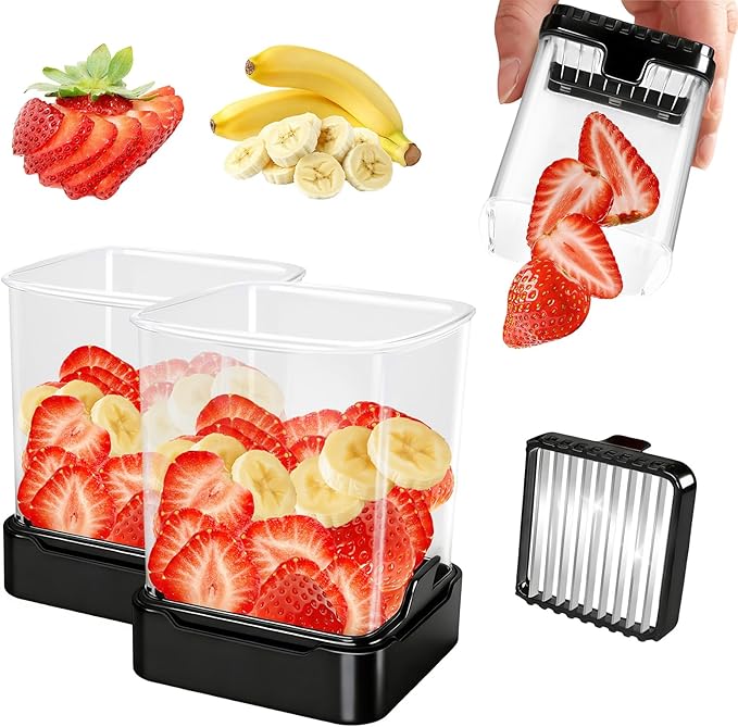 2 Pack Fruit Slicer Cup for Strawberry, Banana, Hard-Boiled Egg - Detachable Cutter with Push Plate - Rapid & Safe Slicing Kitchen Gadget for Quick Meal Prep (Black)