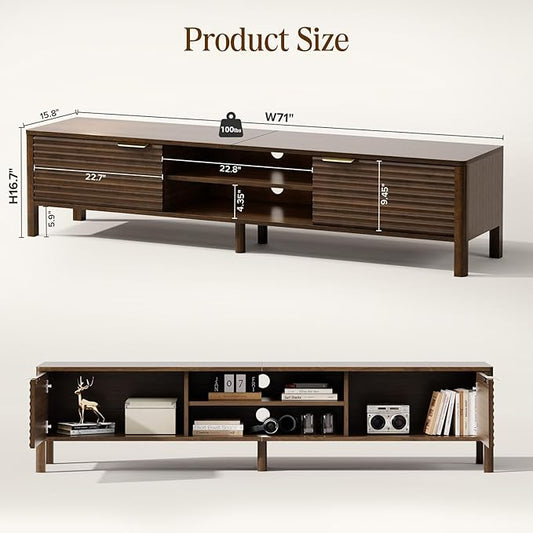 IKALIFE TV Stand for Living Room - up to 80 Inch TVs Mid Century Modern Entertainment Center with Storage and Adjustable Shelves, Media Console Table Walnut 71"