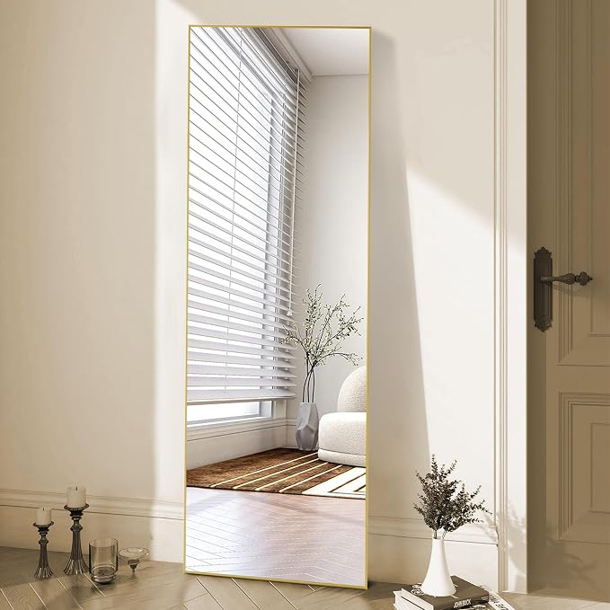 OLIXIS Full Length Mirror for Bedroom, 68"x26" Full Body Mirror with Stand, Hanging or Leaning for Wall, Aluminum Alloy Thin Frame Floor Standing for Living Room, Long, Gold