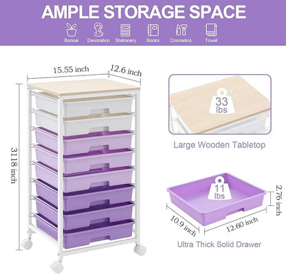 Rolling Cart with Drawers,Utility Cart With 8 Drawers and Wooden Tabletop for Living Room,Classroom,Bedroom,Bathroom,Dorm,Office,Purple