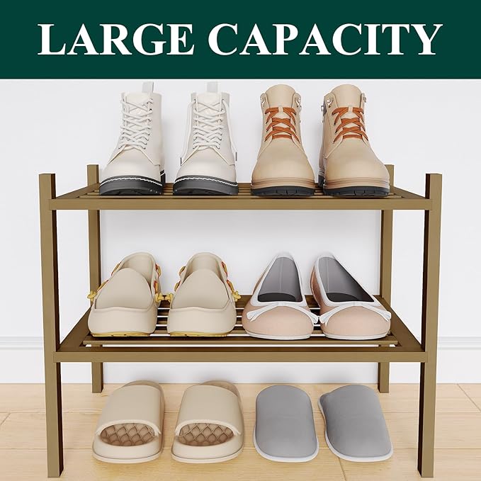 Smiry Small Bamboo Shoe Rack 2-Tier, Stackable Wooden Shoe Organizer for Entryway & Closet, Free Standing Wood Shoe Storage Shelf for Front Door & Small Spaces, Brown