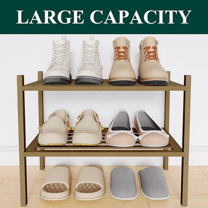 Smiry Small Bamboo Shoe Rack 2-Tier, Stackable Wooden Shoe Organizer for Entryway & Closet, Free Standing Wood Shoe Storage Shelf for Front Door & Small Spaces, Walnut