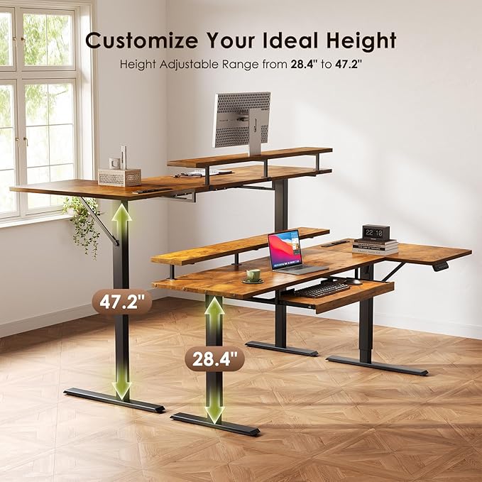 OffiGo 63 Inch Electric L Shaped Standing Desk with Keyboard Tray, Reversible Height Adjustable Corner Computer Desk with Monitor Stand, Sit Stand Up Lift Table for Home, Office, Rustic Brown