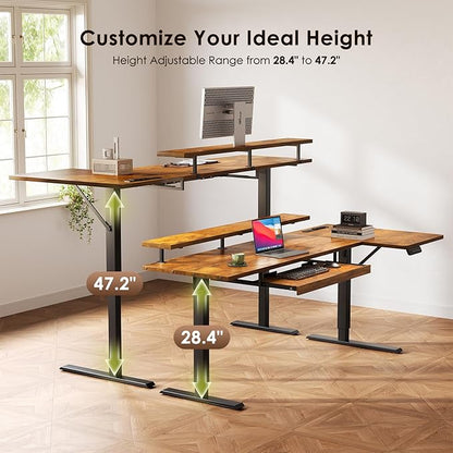 OffiGo 63 Inch Electric L Shaped Standing Desk with Keyboard Tray, Reversible Height Adjustable Corner Computer Desk with Monitor Stand, Sit Stand Up Lift Table for Home, Office, Rustic Brown