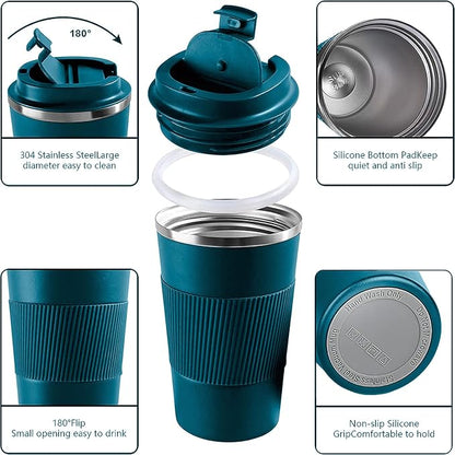 YINBAOGE Insulated Travel Coffee Mug, Spill & Leak Proof, Portable To Go Camping Stainless Steel Coffee Tumbler, Reusable Thermal Coffee Cup with Lid for Hot & Cold Drinks (Blue, 17 OZ)