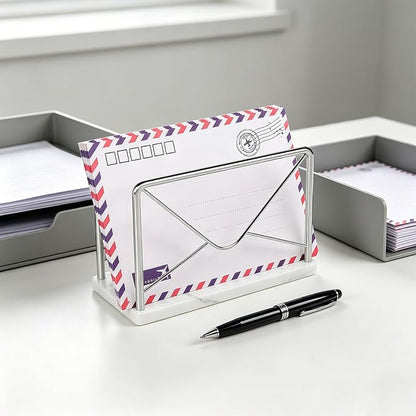 Modern Mail Holder for Home Office, Metal Letter Organizer Sorter for Desk, Cutout Mail Envelope Design, Bill Filling Paper Document Rack, Envelope Storage Rack with Marble Base (Chrome)