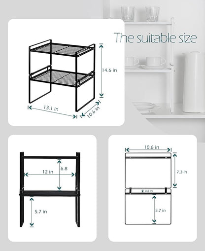 Shantton 2Pack Kitchen Cabinet Shelf Counter Organizer Rack Pantry Storage Bathroom Bedroom Office Table Desk Space Saving Stackable Rust Resistant Non Slip Black Wide L13.1in W10.6in H7.3in