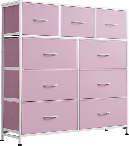 WLIVE 9 Drawer Dresser, Fabric Storage Tower for Bedroom, Hallway, Closet, Tall Chest Organizer Unit for Bedroom with Fabric Bins, Steel Frame, Wood Top, Easy Pull Handle, A-Pink
