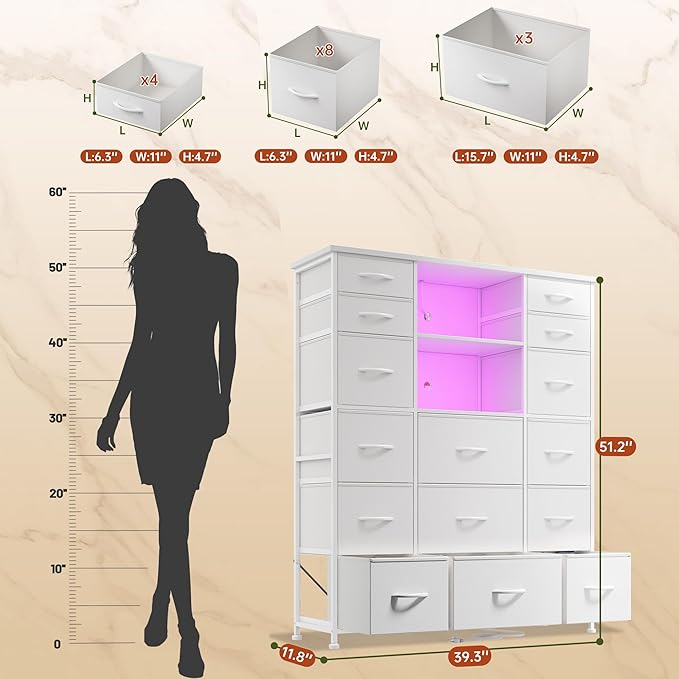 EnHomee 51" H White Dresser with 15 Drawers Dresser for Bedroom with Charging Station & LED Lights & Hutch Sturdy Bedroom Dressers, Steel Frame, Wood Top, 51.2" H x 39.3" W x 11.8" D