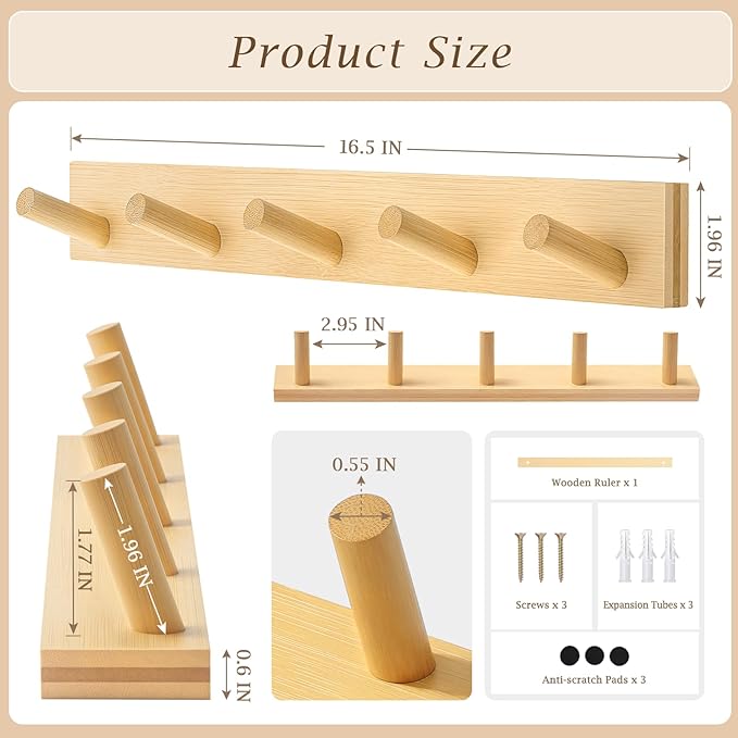 Coat Rack Wall Mount, Wooden Coat Hanger with 5 Hooks, Heavy Duty, Natural, 2 Pcs