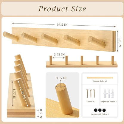 Coat Rack Wall Mount, Wooden Coat Hanger with 5 Hooks, Heavy Duty, Natural, 2 Pcs