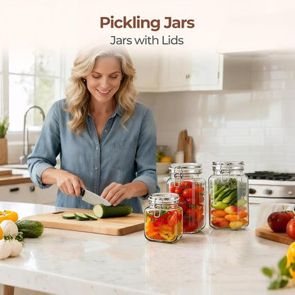 ComSaf Set of 3 Square Glass Jars with Airtight Lids (51 Oz) — Wire Clamp Canisters for Small-Batch Pickling, Kimchi, Bulk Dry Food, Wide Mouth Space Saving Kitchen Pantry Organization Jars