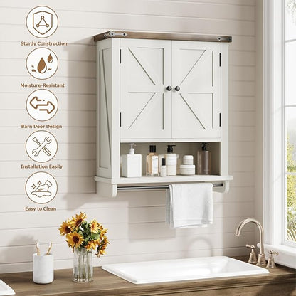 QUW Farmhouse Bathroom Wall Cabinet, Modern Medicine Cabinets with Towel Bar & Jewelry Holder, Over The Toilet Storage Cabinet with Barn Door for Laundry, Living Room, Hallway, Antique White