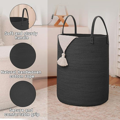 JMvicyroam Large Woven Laundry Basket Hamper,100L Cotton Rope Storage Bin for Blankets,Toys and Clothes,Decorative Tall Nursery Hamper for Living Room,Baby Nursery,Bathroom and Bedroom,Black