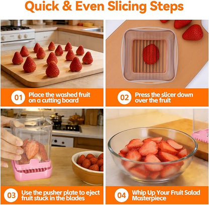 Strawberry Slicer & Fruit Slicer Cup – Ultra Sharp Stainless Steel Blades, Detachable Cutter with Push Plate – Rapid & Safe Slicing Kitchen Gadget for Quick Meal Prep (Pink)