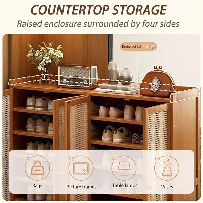 Bamboo Shoe Cabinet, 8-Tier Shoe Storage Cabinet with Doors, Freestanding Bamboo Shoe Rack Organizer with Shelves for Entryway, Hallway, Closet, Living Room
