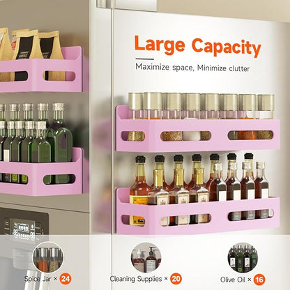 Sevenblue 4 Pack Strong Magnetic Spice Rack for Refrigerator, Multipurpose Magnetic Shelf for Fridge with 4 Hooks for kitchen and Bathroom Organization, Pink