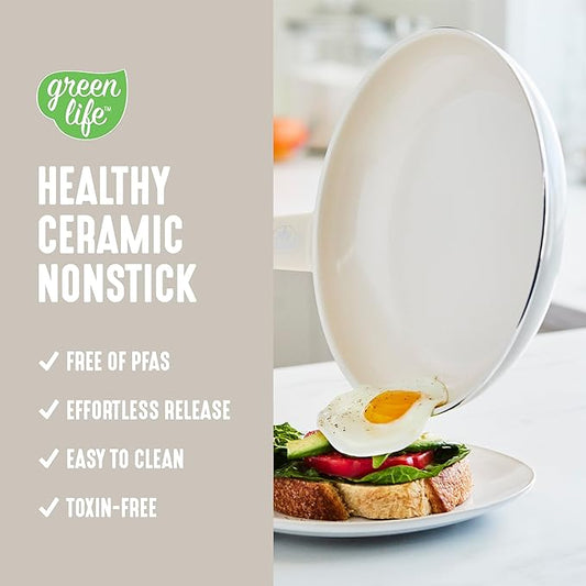GreenLife Soft Grip 16 Piece Cookware Set, Non-Toxic PFAS-Free Ceramic Nonstick, Frying, Sauce, Saute, Utensils, Glass Lids, Stay-Cool Handles, Wobble Free, Dishwasher & Oven Safe, Cream