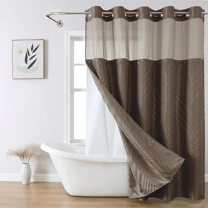 no Hook Shower Curtain and Liner Set，Boho Style with See Through Top Window, Brown Fabric Tufted Striped Textured Outer Curtain & Waterproof Inner Liner, Brown, 71Wx77H