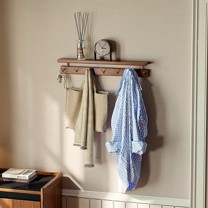 Walnut Wall Hooks with Shelf, Coat Rack Wall Mount, Entryway Hanging Shelf with 7 Brass Hooks for Hats, Clothes, Towels, Bags, Black Walnut Wood, Natural