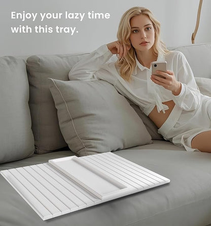 Sofa Arm Tray,Bamboo Folding Couch Arm Tray,Sofa Armrest Trays with Anti-Slip Pad for Drinks,Snacks,Phone,Remote Control（White）