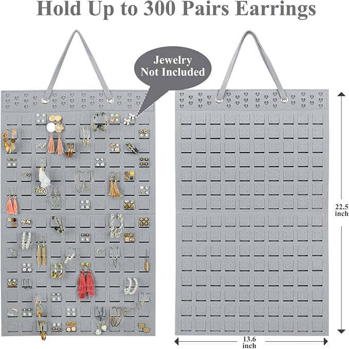 Resovo Hanging Earrings Organizer, Wall Earring Holder with 2 Hooks, Holds Up To 300 Pairs, Compact Design, Soft Material-Silber Grey