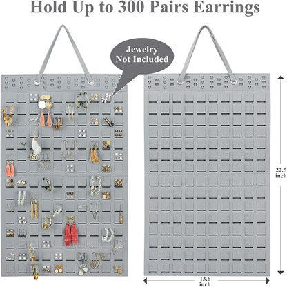 Resovo Hanging Earrings Organizer, Wall Earring Holder with 2 Hooks, Holds Up To 300 Pairs, Compact Design, Soft Material-Silber Grey