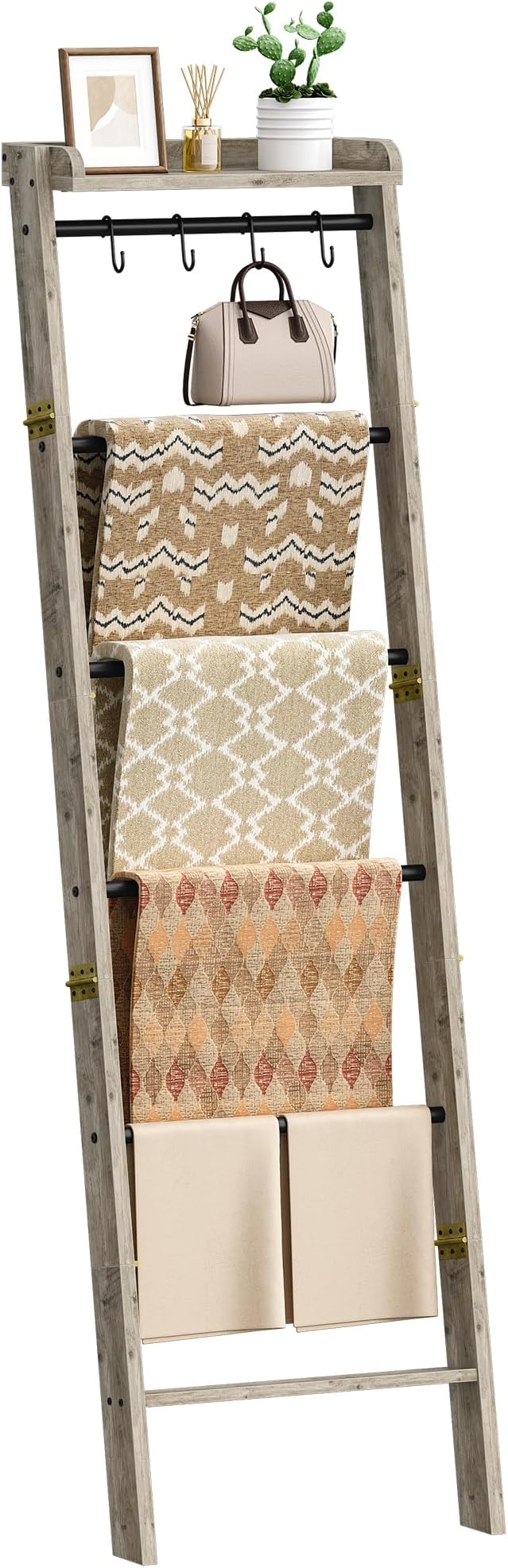 Hzuaneri Blanket Ladder Shelf, Decorative Quilt Rack, 7-Tier Farmhouse Ladder Holder Organizer with 4 Removable Hooks 7.9" D x 17.3" W x 66.9" H, Greige BR36805B