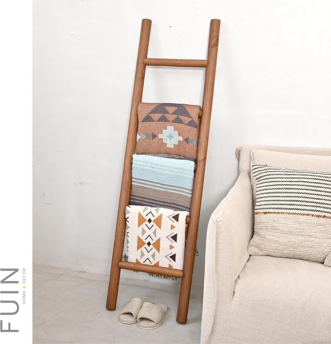 FUIN 57in Wood Blanket Ladder Living Room Decorative Wall Leaning Farmhouse Quilt Display Holder Rustic Wooden Towel Rack for Bathroom, Dark Brown