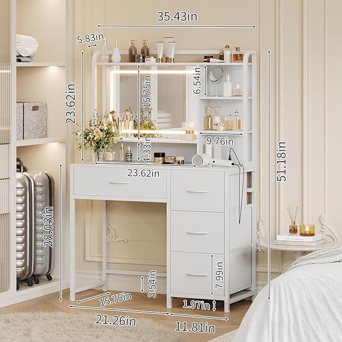 35.4" Vanity Desk with Square Mirror for Bedroom, Makeup Table with 4 Fabric Drawers & Storage Shelves, Modern Dressing Desk for Women Girls