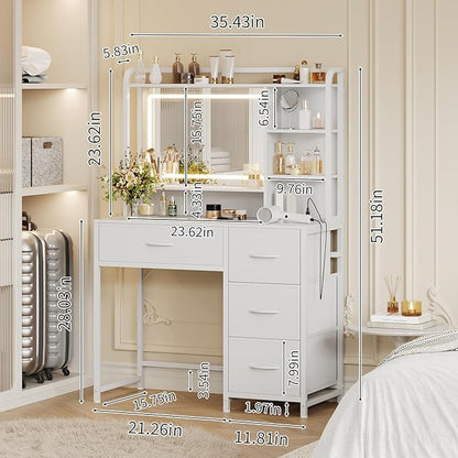 35.4" Vanity Desk with Square Mirror for Bedroom, Makeup Table with 4 Fabric Drawers & Storage Shelves, Modern Dressing Desk for Women Girls