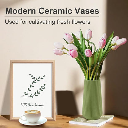 Saga Green Ceramic Vase, GUKJOB Small Cute Flower Vase for Pampas Grass, Home, Living Room, Dining Table, Farmhouse, Office Decor, Bedroom, Table, and Kitchen Shelf (Saga Green)