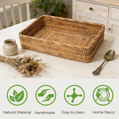 Wicker Storage Tray, Rattan Basket Rectangular for Bathroom Living Room, Decorative Serving Woven Trays Wicker Baskets for Organizing Home Decor L(15.7" × 11")