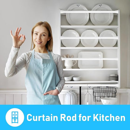 MEXAU White Tension Rod 16 To 26 Inch Spring Curtain Rod Adjustable Tension Curtain Rods No Drilling Short Tension Rod Extendable Small Spring Tension Curtain Rod for Closet Cupboard Bars Refrigerator