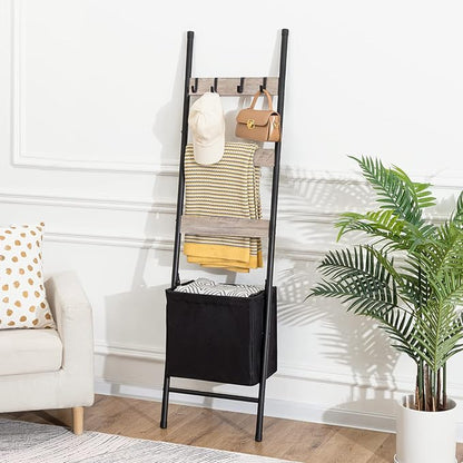 HOOBRO Blanket Ladder with Basket, 17.3”L x 63.4”H, Towel Rack with Hooks, Blanket Holder Rack, Decorative Ladder Shelf, Drying and Display Rack for Bathroom, Living Room, Greige BG31CJ01