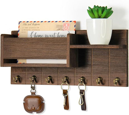 Key Holder Wall Mount - Decorative Key Rack and Mail Organizer with 7 Key Hooks - Wooden Key Hanger with Shelf for Living Room Decor - Rustic Farmhouse Home Entryway Aesthetic Essentials