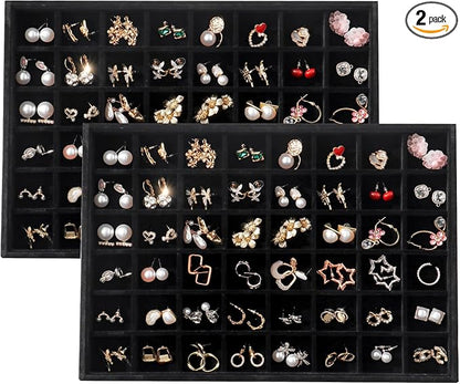Large Velvet Jewelry Tray 2 Pack Stackable Jewelry Display Drawer Inserts Trays Organizer for Earring Bracelet Necklace Ring (Black, 48 Grids)