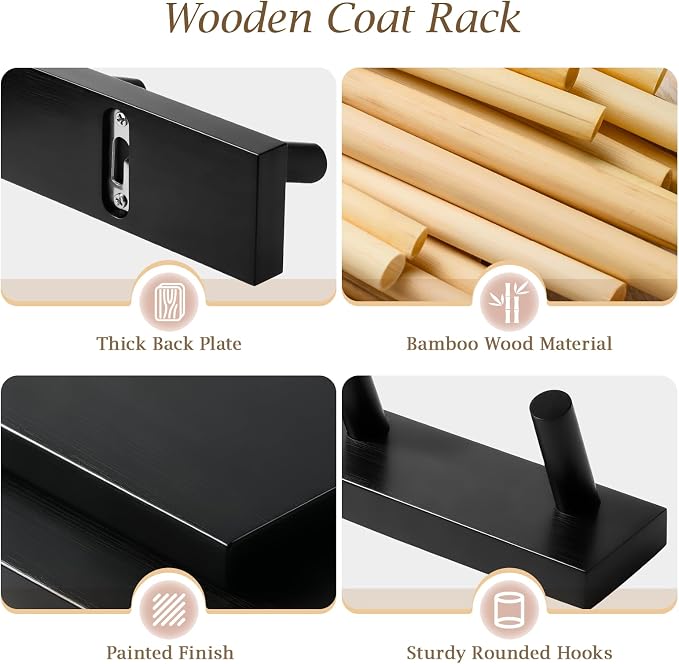 Coat Rack Wall Mount, Wooden Coat Hanger with 5 Hooks, Heavy Duty, Black, 1 Pcs