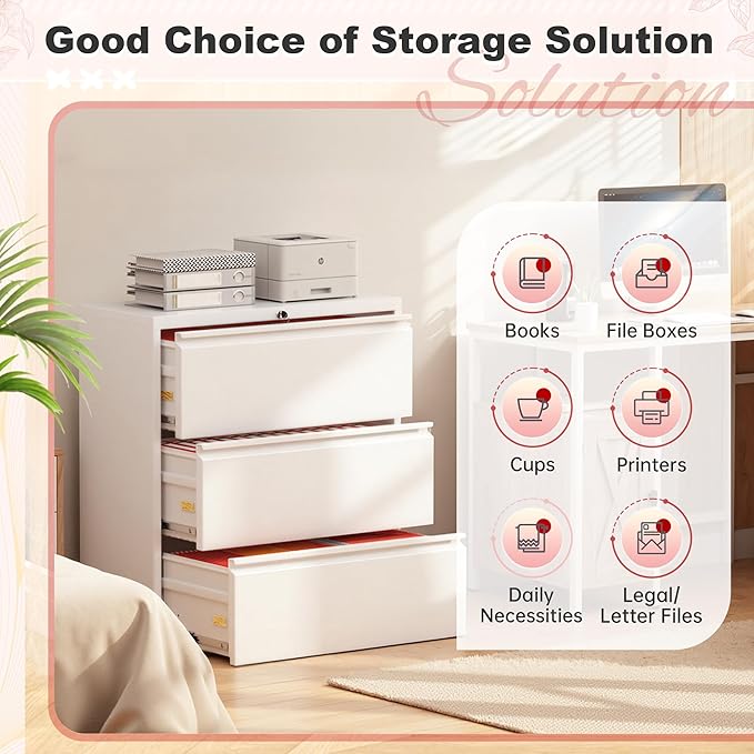 Superday Lateral File Cabinet 3 Drawer Metal File Cabinet with Lock, White Filing Cabinets for Home Office, Locking Filing Cabinets Hanging Files Letter/Legal/F4/A4
