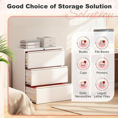 Superday Lateral File Cabinet 3 Drawer Metal File Cabinet with Lock, White Filing Cabinets for Home Office, Locking Filing Cabinets Hanging Files Letter/Legal/F4/A4