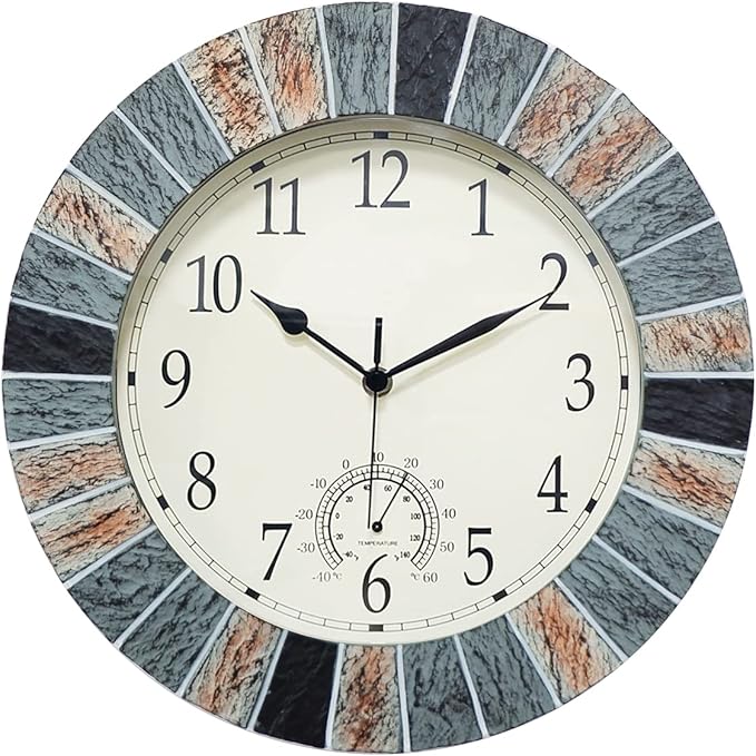 UMEXUS Outdoor Clock with Thermometer, 13 Inch Retro Large Waterproof Wall Clocks Indoor Silent Non-Ticking Battery Operated Weatherproof Decor for Garden Kitchen Bathroom Mother Gift