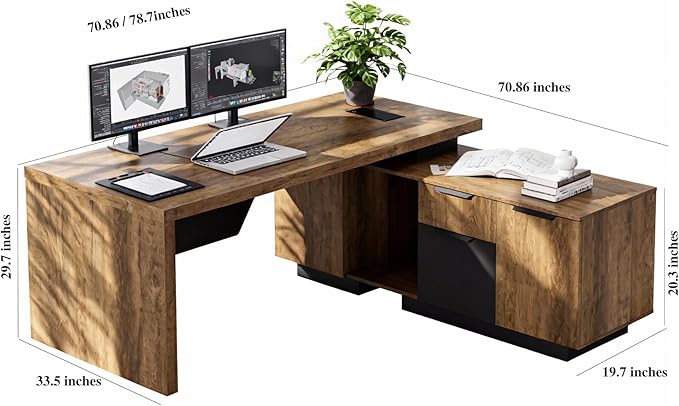 SAINTCY Retractable L-Shaped Executive Desk, Commercial-Grade Office Desk with Reversible Storage Cabinet, Built-in Power Hub, Modern Executive Desk for Home & Business Office