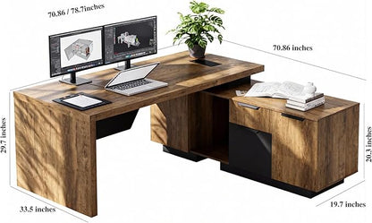 Retractable L-Shaped Executive Desk, Modern Office Desk with Drawers and Lateral File Cabinet, Large Computer Desk with Storage Shelves, Workstation for Home Office (Right Return, 70.86 - 78.7 IN)
