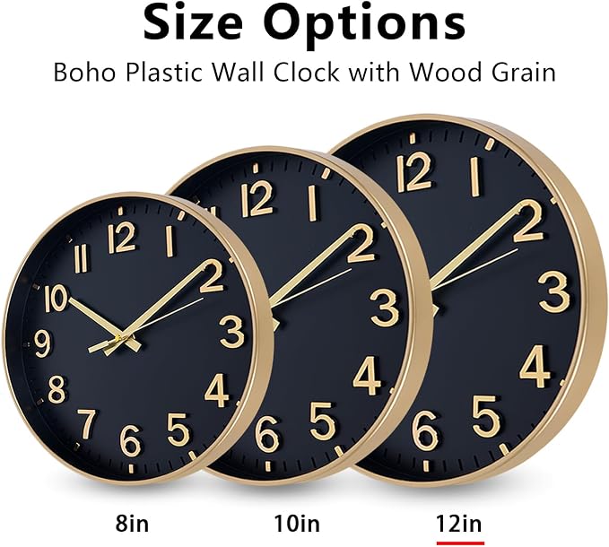 HZDHCLH Wall Clocks Battery Operated,Wall Clock Black Gold,12 inch Wall Clock Silent Non Ticking Modern 3D Numbers for Kitchen Bedroom Living Room Office Classroom Decor