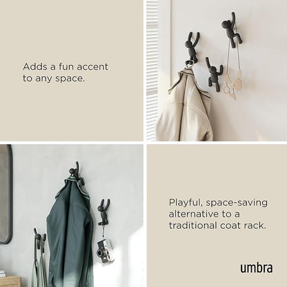 Umbra Buddy Wall Hooks – Decorative Wall Mounted Coat Hooks for Hanging Coats, Scarves, Bags, Purses, Backpacks, Towels and More, Set of 3, Black