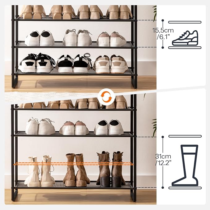 HOOBRO 12-Tier Shoe Rack for Entryway, 29.5" L Shoe Storage Organizer, Large Capacity Shoe Shelf for Closet, Front Door Entrance, Hallway, Holds 36-48 Pairs of Shoes, Greige and Black BG127XJ01