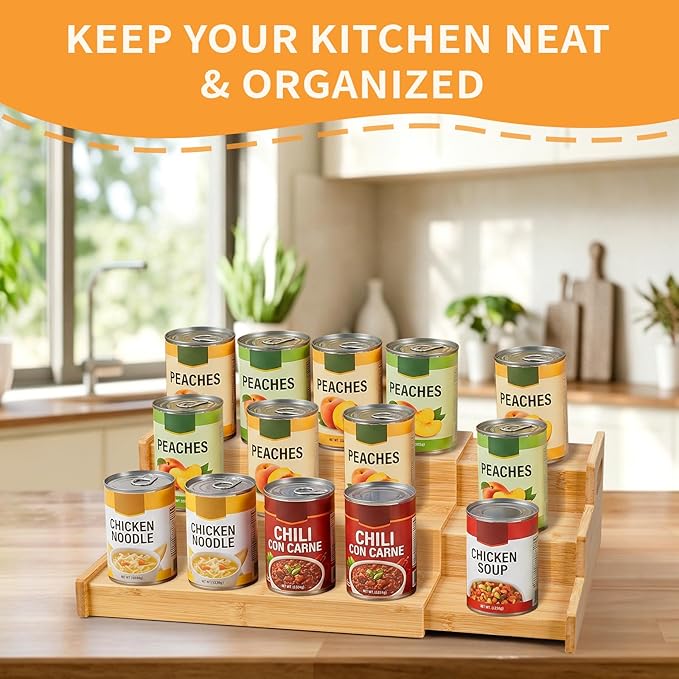 Expandable Bamboo Can Rack Organizer, 3 Tier Canned Food Storage Holder for Pantry, Adjustable Pantry Soda Can Organizer Shelf for Kitchen Spice, Countertop, Cat Food, Cabinet Storage Hold for 24 Cans